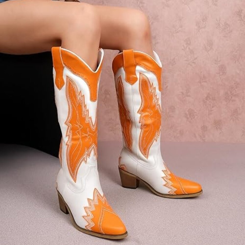Women's Western Cowgirl Knee High Boots Embroidered Cowboy Boots-Orange